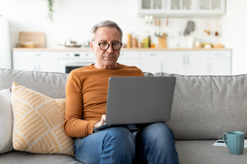 Confident casual mature male using laptop at home