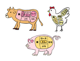 牛、豚、鳥　部位のイラストセット