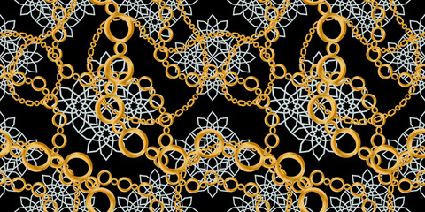 Seamless pattern decorated with precious stones, gold chains and pearls.	