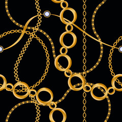 Seamless pattern decorated with precious stones, gold chains and pearls.	