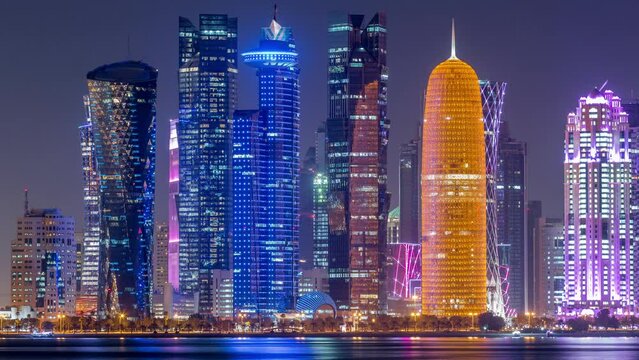 Doha downtown skyline day to night timelapse, Qatar, Middle East