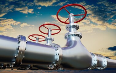 Gas pipelines and valves, sky in background - 3D illustration