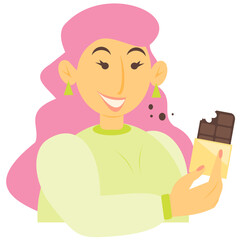 Vector illustration of a young girl with a chocolate bar in her hands. A girl with long hair eats a chocolate bar. Isolated