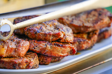 Burned Juicy Steaks barbecue Sizzle on with Salt and Black Peppers