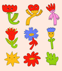 collection of vector flowers.Funny hippie plants with faces.Plant characters in psychedelic art style.Set of funky isolated wildflowers.Vibrant dudes for stickers, tattoo, social media