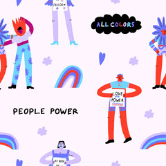 vector seamless pattern with people at human rights protests. Print in support of feminism, gender-free, lgbt, body neutrality. Abstract non-binary people. People power.Vibrant generation Z ornament