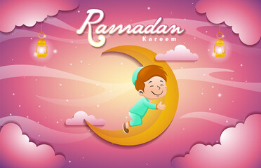 cute cartoon Muslim kids on crescent moon at Ramadan month