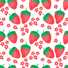 Red strawberry and small flowers. Juicy fruits. Seamless pattern with berries drawn in a childish style.