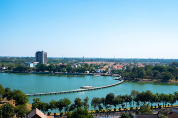 Obraz premium Aerial view shot of Bueng Kaen nakhon is lake of Khon Kaen at Khon Kaen province, Thailand.