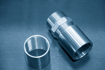 The stainless steel 304 grade pipe connector parts. - obrazy, fototapety, plakaty