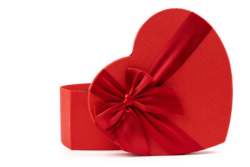 Red box in shape of heart. Gift box for Valentine's Day. Isolated on white background.