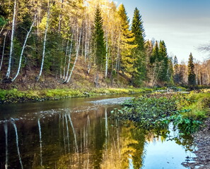 Autumn landscape with river, trees, grass and blue sky