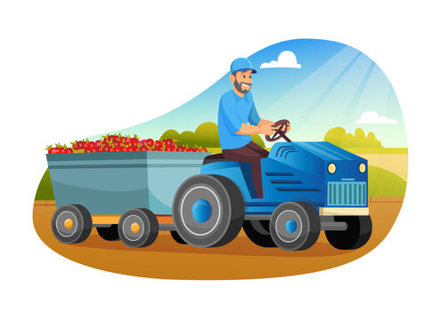 Farmers Loading apples on Tractor Trailer. Local Farm Grown Organic Food, Eco Friendly Seasonal Products.