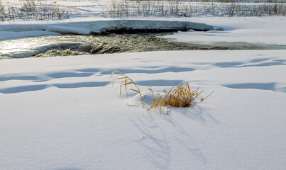 Winter landscape with a fast river with ice-free water, snow, dry grass and rocky shores