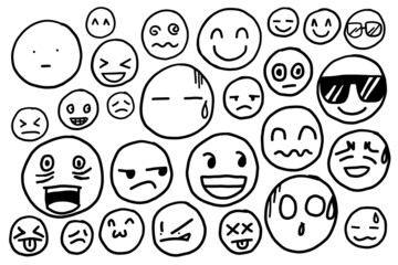 Vector illustration for any graphic design. Emotions icon Face. Freehand drawing in black and white single lines. Good, normal and bad mood even mad.