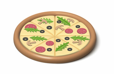 3d realistic icon. Pizza with ruccola and mushroom and salame. Isolated on white background.
