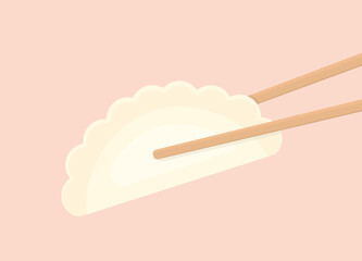 pair of bamboo chopsticks holding dumpling- vector illustration