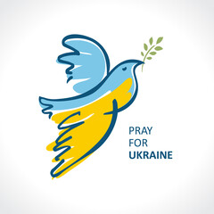 Pray for Ukraine. Flying bird as a symbol of peace. Flag of Ukraine in the form of a dove of peace. The concept of peace in Ukraine. Vector illustration.
