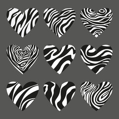 An illustration of nine hearts with a black and white pattern.