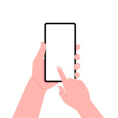 Male hand touching blank screen of the smartphone. Using mobile smartphone. Vector illustration.