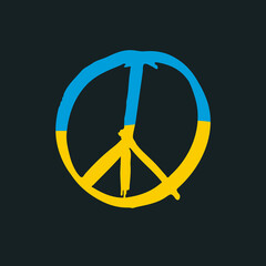 Hand drawn symbol of peace in the colors of the Ukrainian flag. The concept of peace in Ukraine. Vector illustration on a dark background.
