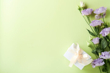 Obraz na płótnie Canvas Festive flower composition purple color and white gift box with white ribbon on light green background. Flowers frame. Overhead view. Top view with copy space.