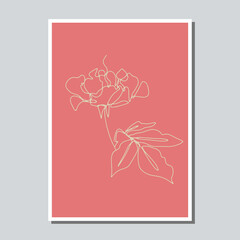 One single line drawing rose flower on earthy color background card template