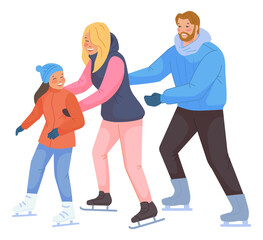 Parents training kid on ice skates. Happy family together