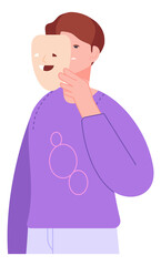 Person hiding feeling behind fake smiling mask