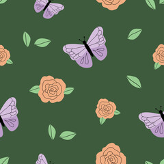 Seamless pattern with butterflies and roses on a green background. Romantic light vector pattern in hand-drawn flat style. Perfect for wallpaper, textiles, women's clothing or accessories