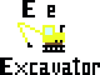 Fototapeta na wymiar E is for Excavator Alphabet pixel art vector illustration. alphabet chart.