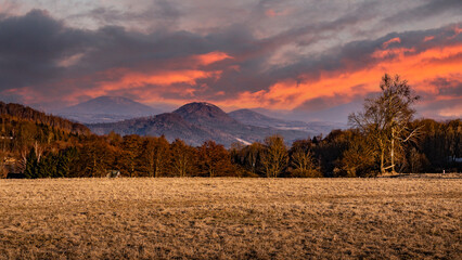 sunset of the Czech Central Mountain (Czech Republic) Europe.