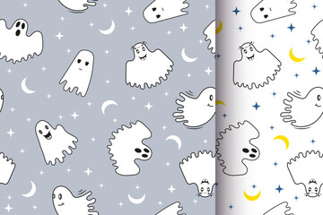 Nice seamless pattern. Endless background. For kids linen, fabric, wallpaper, wrapping paper. Cute, funny ghosts ornament.  Cartoon ghosts, phantoms, boggarts. Halloween ornament.