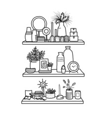 doodle elements. Home decor items in doodle style. Illustration of shelves with different interior items.
