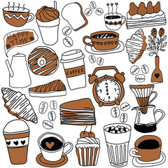 Hand drawn coffee and dessert set. Vector illustration in doodle art style
