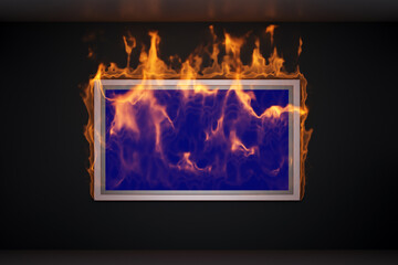 burning blue screen tv on black wall