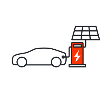 Car taking charge from solar charging station, side view, line icon illustration vector symbol