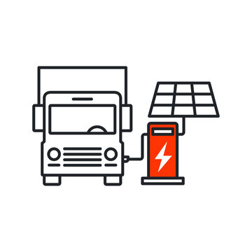 Truck taking charge from solar charging station, side view, line icon illustration vector symbol