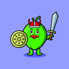 Cute cartoon character Coconut viking pirate with hat and holding sword and shield in cute modern style design 