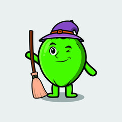 Cute cartoon witch shaped Coconut character with hat and broomstick