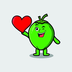 Cute cartoon Coconut character holding big red heart in modern style design 