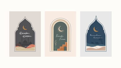 Ramadan Kareem greeting card illustration design vector template. Set of Ramadan Mubarak modern cards with retro boho style design, islamic frame, crescent, mosque, moon and desert.