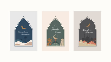 Ramadan Kareem greeting card illustration design vector template. Set of Ramadan Mubarak modern cards with retro boho style design, islamic frame, crescent, mosque, moon and desert.