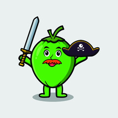 Cute cartoon mascot character Coconut pirate with hat and holding sword in modern design