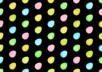 Colourful easter egg pattern on black background.	Blue, green, yellow, orange and pink eggs. Wallpaper. backdrop. 	