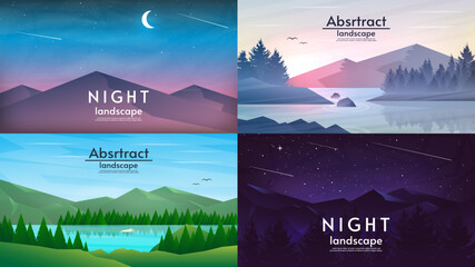 Collection abstract vector landscapes. Night, day, evening and morning. Design for wallpaper, banner, greeting, touristic or busyness card. 