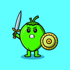 Cute cartoon character Coconut holding sword and shield in modern style design