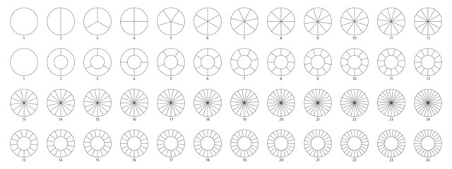 Segment slice line art. Pie chart icon. Wheel round diagram part. Circle section graph. 2,3,4,5,6 segment infographic. Five phase, six circular cycle. Geometric element. Vector illustration