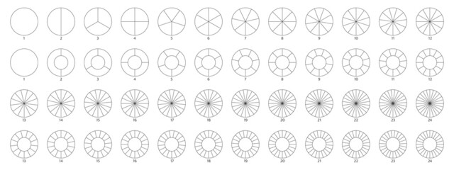 Segment slice line art. Pie chart icon. Wheel round diagram part. Circle section graph. 2,3,4,5,6 segment infographic. Five phase, six circular cycle. Geometric element. Vector illustration