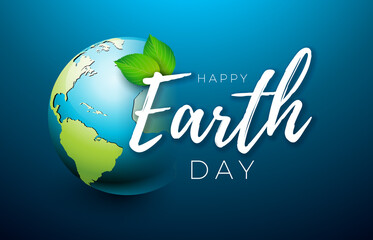Earth Day Illustration with Planet and Green Leaf on Blue Background. April 22 Environment World Map Concept. Vector Save the Planet Design for Banner, Poster or Greeting Card.